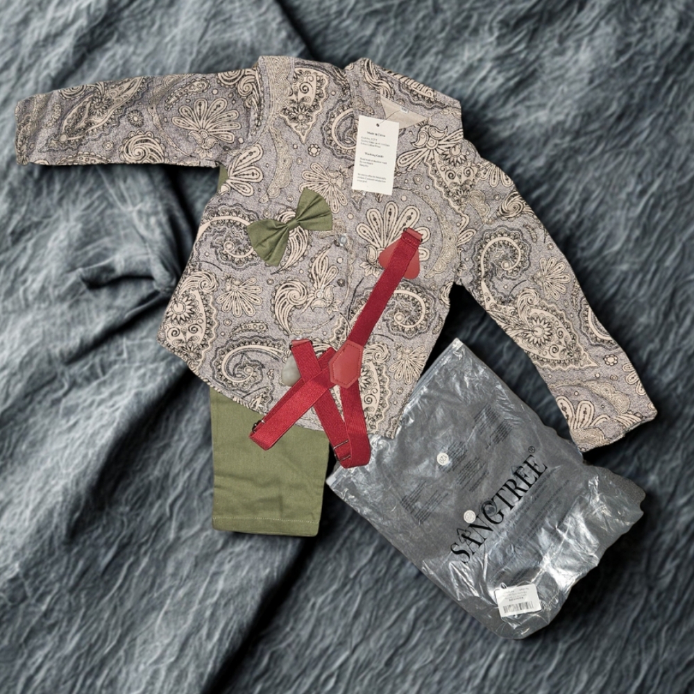 Paisley Print 3t-4t Outfit with Green Pants and Red Suspenders + Bow Tie